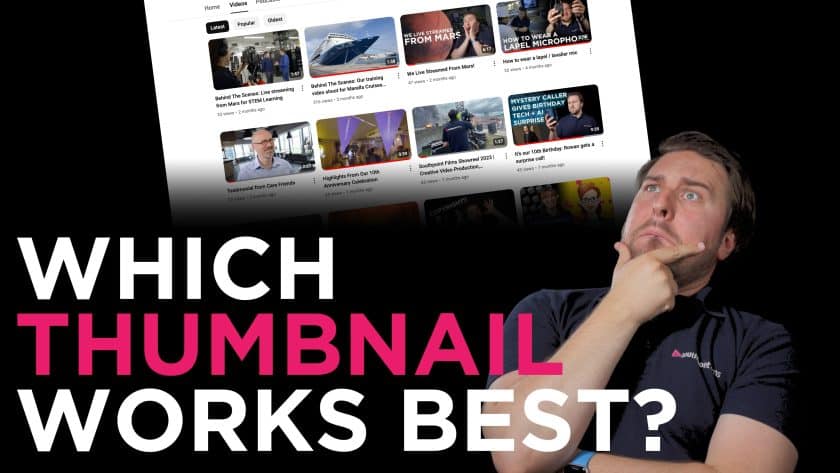 A man with a thoughtful expression and hand on his chin appears in the foreground. Behind him is a blurred computer screen displaying a YouTube video page with various thumbnails. The text overlay reads, "Which Thumbnail Works Best?" in large, bold letters, with "Thumbnail" highlighted in pink. The man's shirt has a small logo that says "Southpoint Films.