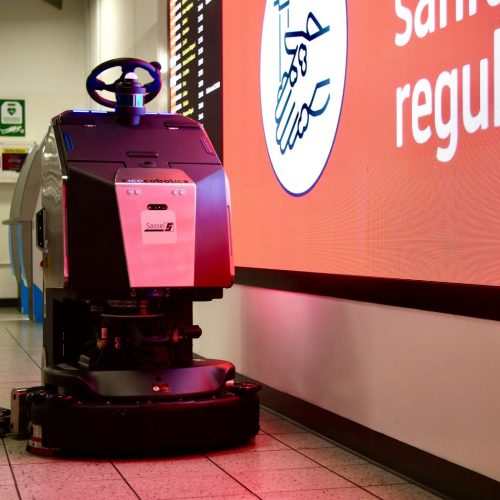 The ICE Eco Bot 75 cleaning a London Airport terminal