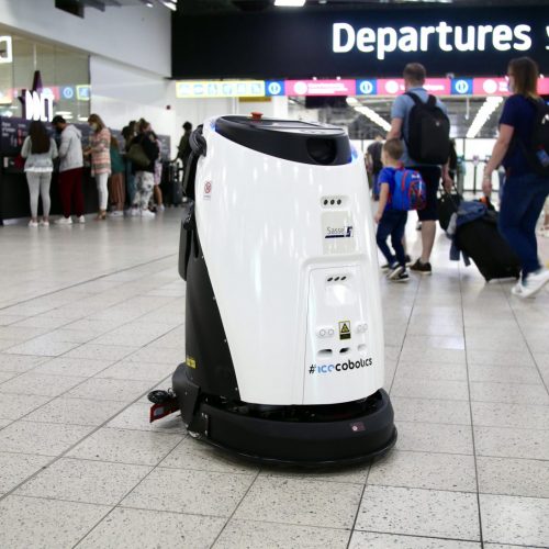 The ICE Eco Bot 50 cleaning and misting a busy London airport