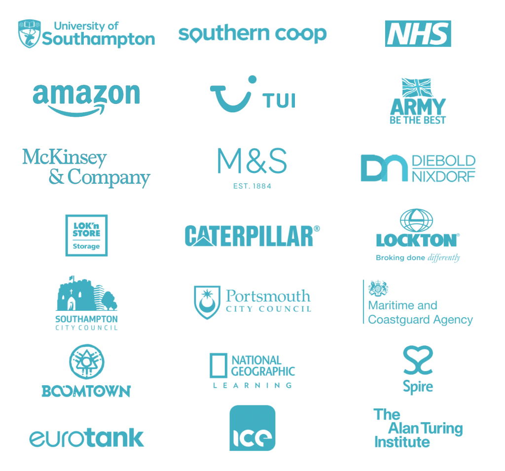A grid showing the logos of companies we've worked with, including Amazon, University of Southampton and the NHS.