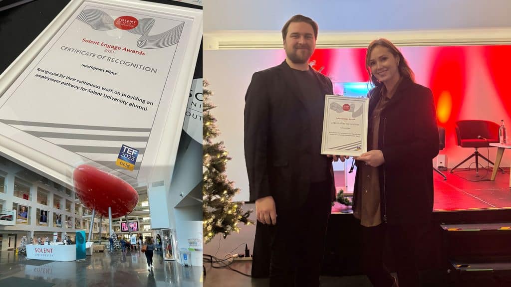 A split image showcasing two scenes. On the left, a close-up of a framed certificate for Southpoint Films from the Solent Engage Awards 2023, acknowledging their work in creating employment pathways for Solent University alumni. The right side features a man and a woman, Rowan and Georgina, smiling and holding the certificate in a room with red ambient lighting and event seating in the background.