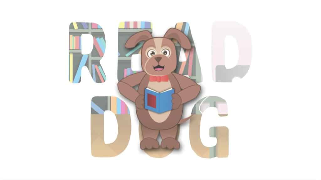 Graphic of a cartoon dog standing in front of large letters that spell "READ DOG". The dog is brown with a happy expression, holding a blue book. The letters are filled with a faint pattern that appears to be bookshelves with books, suggesting a theme related to reading or a library. The overall design is playful and geared towards children or education.