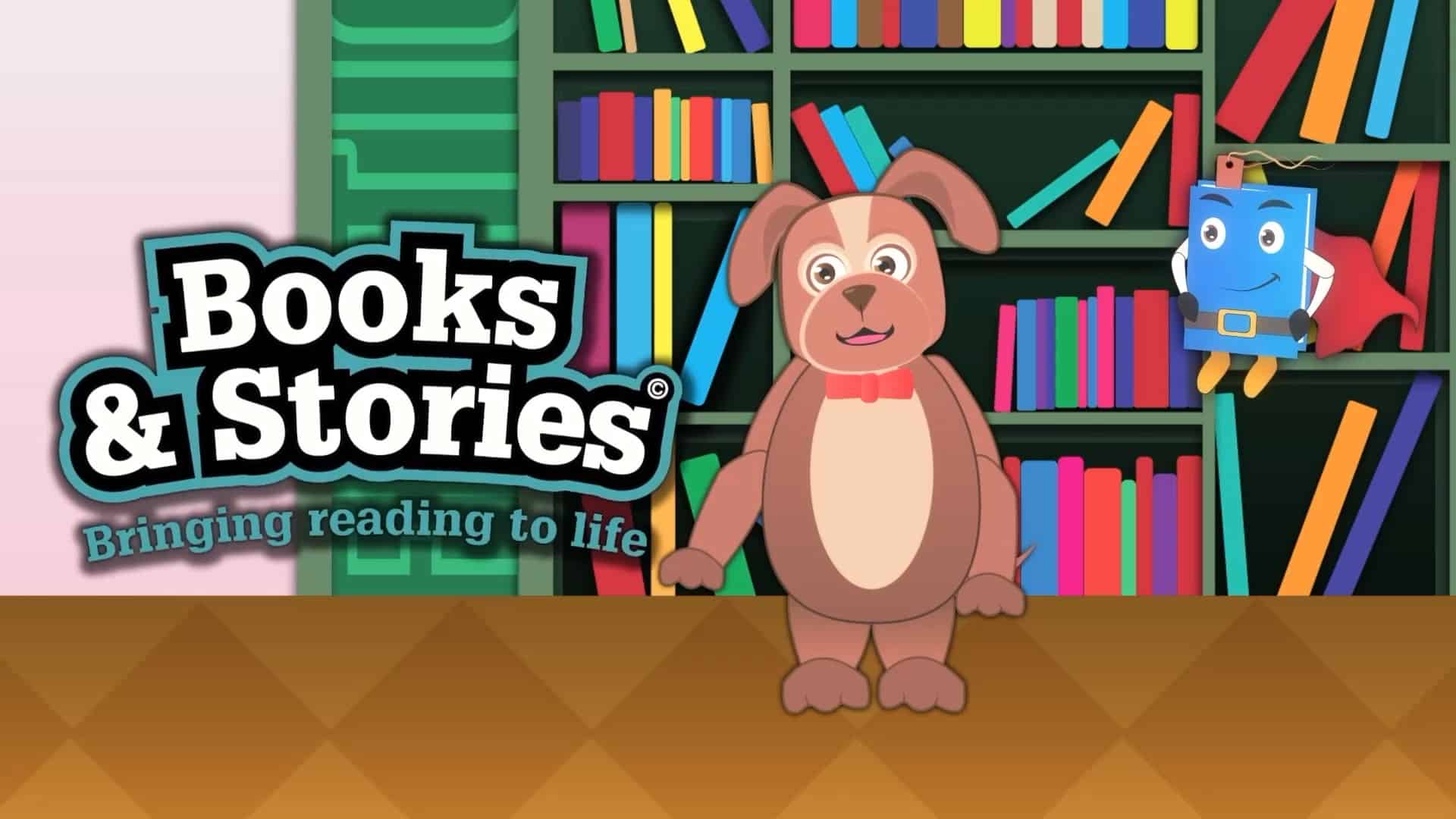 Illustration for "Books & Stories," featuring a cartoon bear with a red bow tie and a smiling book character with blue cover and arms. They are in front of a colorful bookshelf filled with books of various colors. The slogan "Bringing reading to life" suggests an educational or children's reading program.