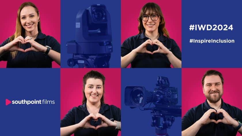 Collage of eight images with a split background of blue and pink. Images include three women and 1 man making a heart hand gesture. Other images include hashtags #IWD2024 #InspireInclusion, Southpoint Films logo and professional video cameras.