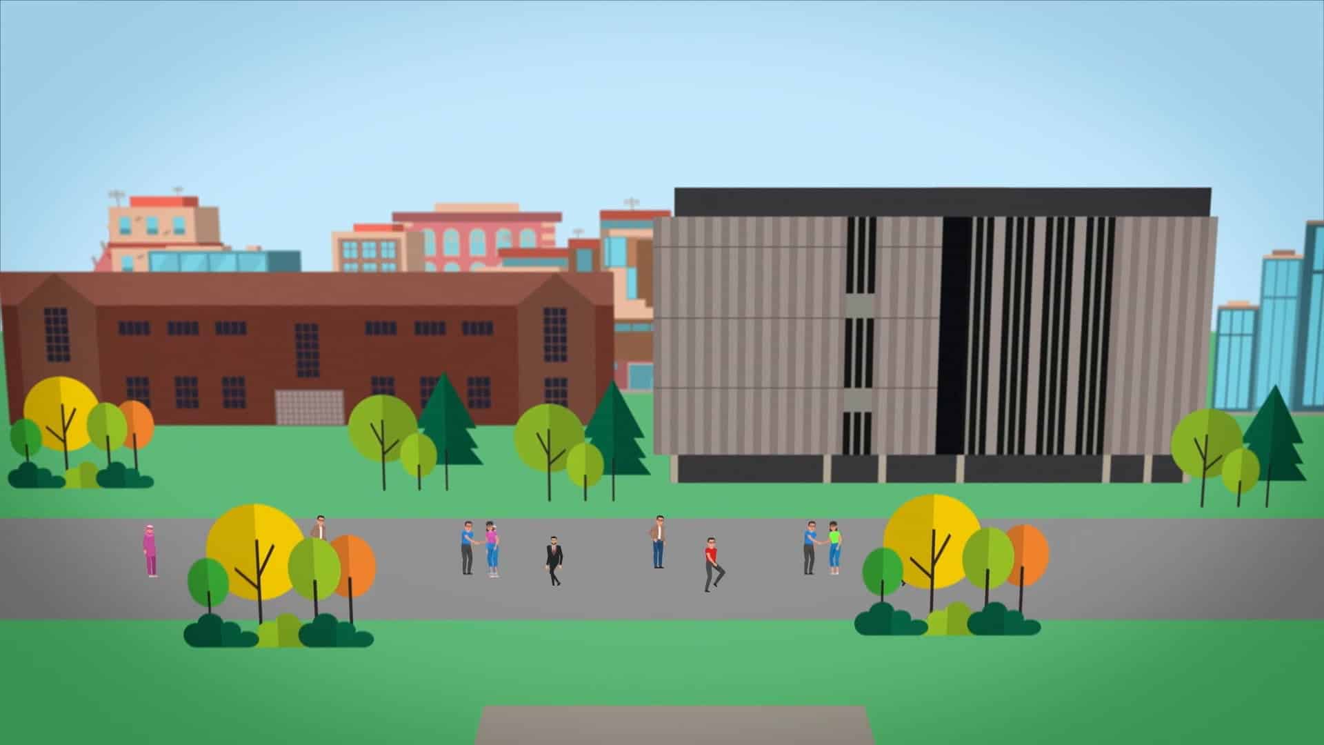 A minimalist illustration of a campus scene featuring a mix of modern and classic buildings, including a large, striped, grey building on the right and a red-brick building on the left. In the foreground, people are walking and talking along a pathway lined with colorful trees with green, yellow, and orange foliage. The background shows additional buildings against a clear, blue sky.