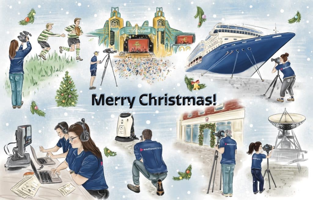 Illustrated scene with video production crew filming events including sports, a cruise ship, and a concert, with a "Merry Christmas!" message