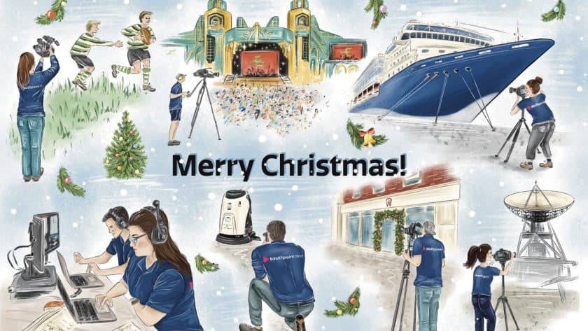 Illustrated scene with video production crew filming events including sports, a cruise ship, and a concert, with a "Merry Christmas!" message