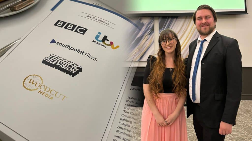 A blended composite image featuring two photos. On the left side, a close-up of an event program displays "Key Supporters," including logos for BBC, ITV Meridian, Southpoint Films, Terrific Television, and Woodcut Media. On the right side, a man and a woman dressed in formal attire stand in front of a large screen displaying the "Royal Television Society Southern" logo. The woman has long brown hair and glasses, wearing a black top and a flowing pink skirt, while the man has short brown hair and a beard, wearing a black suit with a blue tie. The background features a modern conference or event space with abstract wall art.