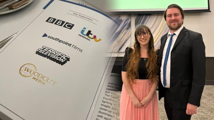A blended composite image featuring two photos. On the left side, a close-up of an event program displays "Key Supporters," including logos for BBC, ITV Meridian, Southpoint Films, Terrific Television, and Woodcut Media. On the right side, a man and a woman dressed in formal attire stand in front of a large screen displaying the "Royal Television Society Southern" logo. The woman has long brown hair and glasses, wearing a black top and a flowing pink skirt, while the man has short brown hair and a beard, wearing a black suit with a blue tie. The background features a modern conference or event space with abstract wall art.