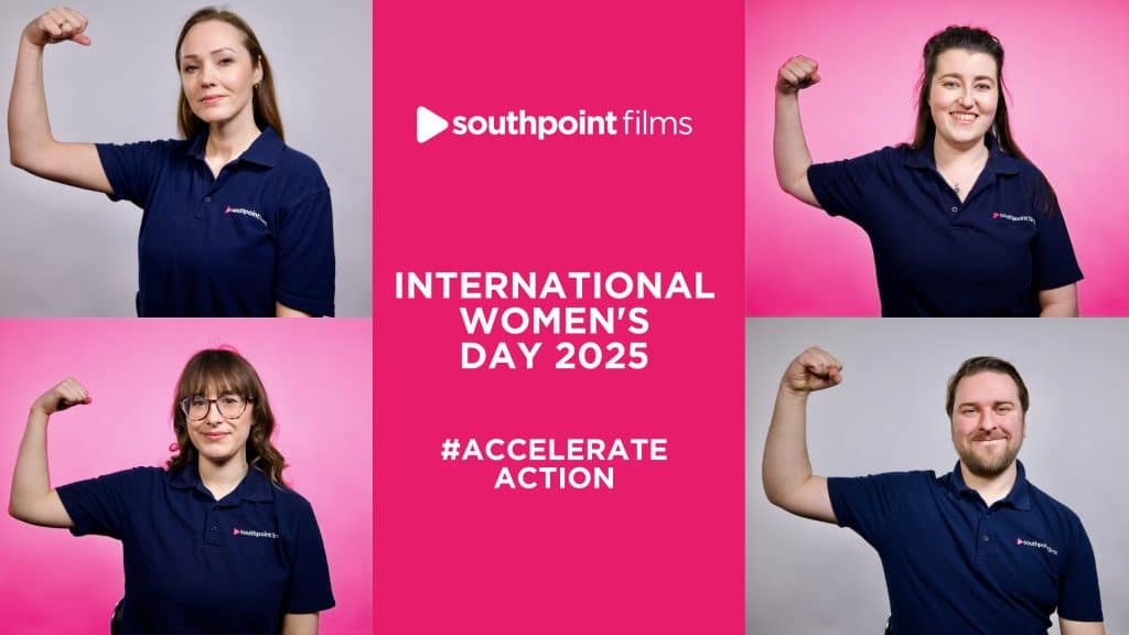 A promotional graphic for International Women’s Day 2025 features four individuals wearing navy-blue "Southpoint Films" polo shirts, flexing their arms in a show of strength. The background alternates between pink and gray. The center of the image has a bold pink panel with white text reading: "Southpoint Films INTERNATIONAL WOMEN’S DAY 2025 #ACCELERATE ACTION" They are smiling, conveying empowerment and solidarity.
