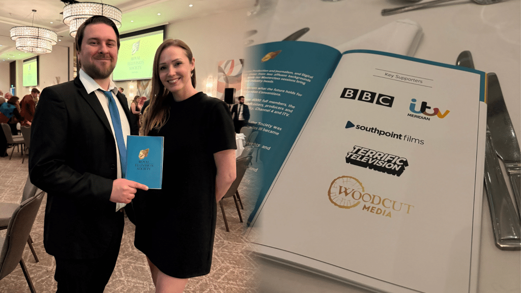 A formal event at the Royal Television Society Southern Awards 2025. On the left, a man in a suit and a woman in a black dress pose for a photo, holding an event program. On the right, a close-up of a program on a dinner table shows key supporters, including BBC, ITV Meridian, Southpoint Films, Terrific Television, and Woodcut Media. The two images are seamlessly blended together.