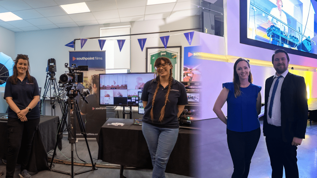 A composite image showing two scenes. On the left, two women wearing navy Southpoint Films polo shirts stand beside a multi-camera video production setup with monitors, tripods, and banners in a bright indoor studio space. On the right, a man in a suit and a woman in a blue blouse pose in a large event venue with purple and yellow lighting and a large screen showing a DJ in the background