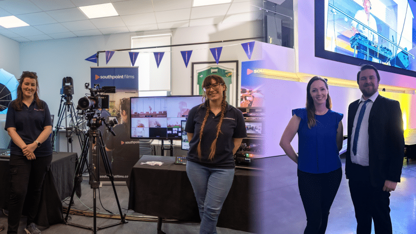A composite image showing two scenes. On the left, two women wearing navy Southpoint Films polo shirts stand beside a multi-camera video production setup with monitors, tripods, and banners in a bright indoor studio space. On the right, a man in a suit and a woman in a blue blouse pose in a large event venue with purple and yellow lighting and a large screen showing a DJ in the background