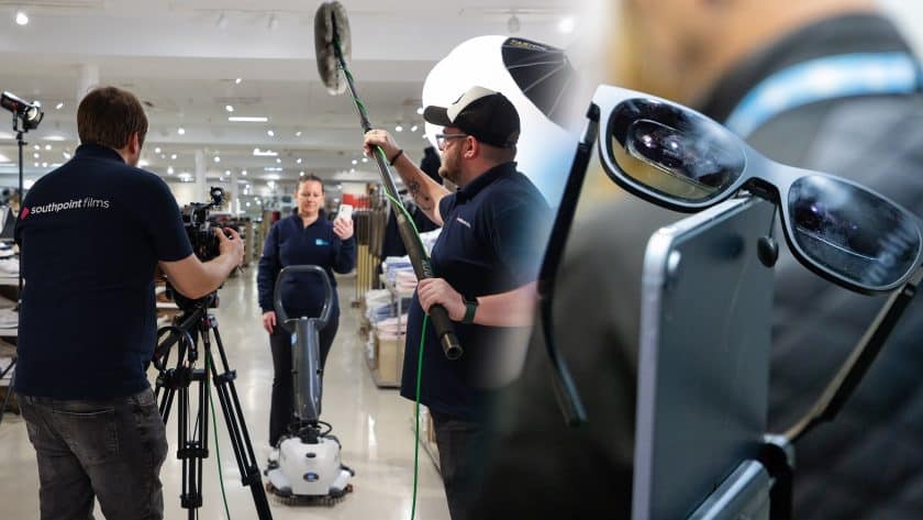 Composite image showing a behind-the-scenes look at a film crew recording a demonstration inside a retail store on the left, and a close-up of a pair of high-tech smart glasses resting on a smartphone on the right. The left side features crew members from "Southpoint Films" filming a woman using a floor cleaning machine, with lighting and sound equipment visible. The right side highlights the reflective lenses of the smart glasses, suggesting a focus on modern technology or wearable devices.