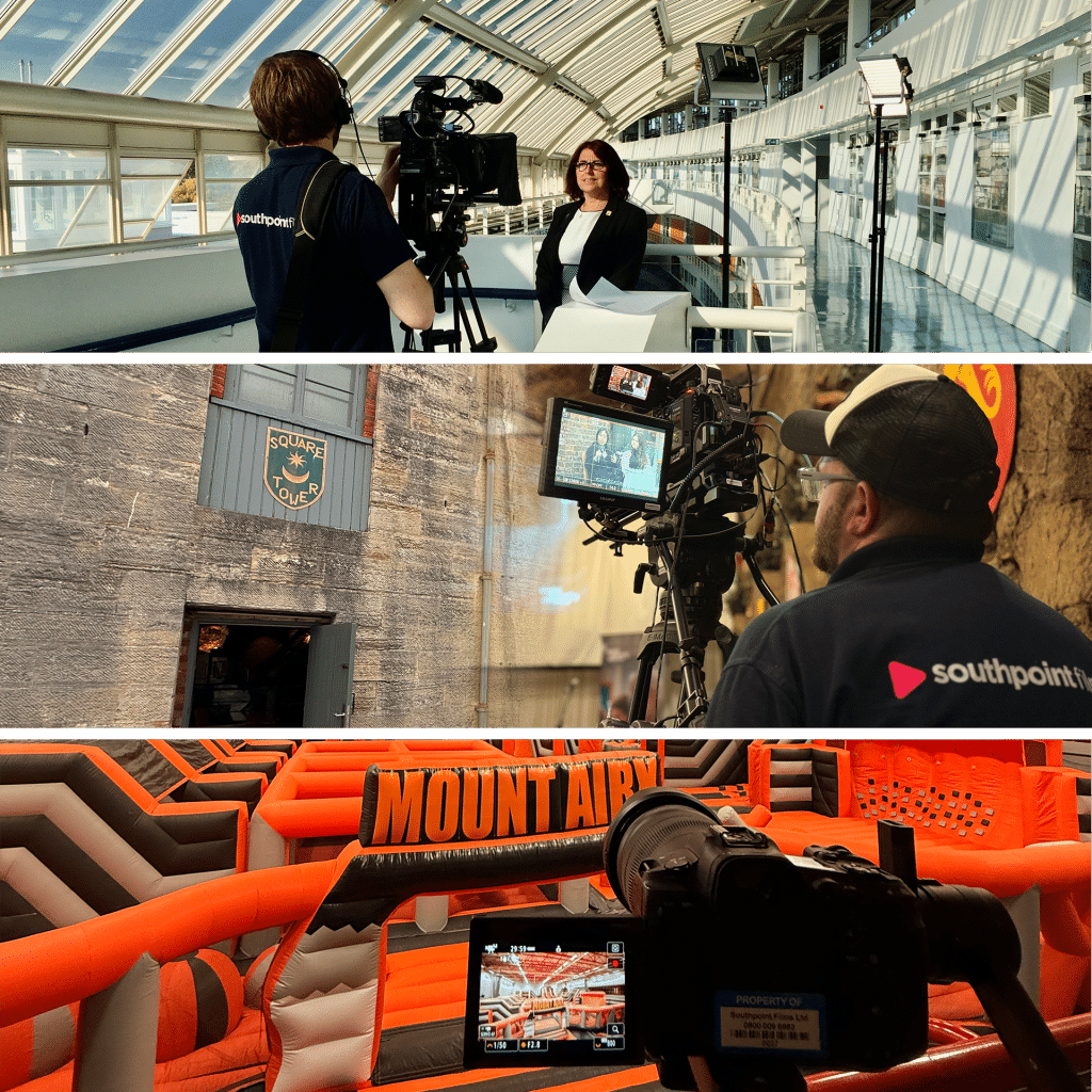 A collage of three scenes showing professional video production, including camera operators filming a person in a modern atrium, a historic building called Square Tower, and an orange inflatable obstacle course.
