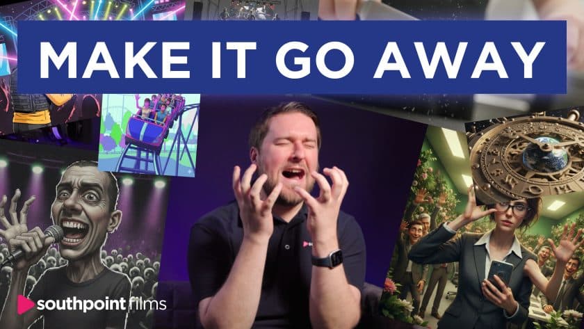 A man with short brown hair and a beard sits in front of a dark background, holding his hands up with a frustrated expression. Surrounding him is a collage of AI-generated illustrations, including a person shouting into a microphone and a woman in a suit holding a phone, topped with a blue banner that reads "MAKE IT GO AWAY" and the Southpoint Films logo in the corner.