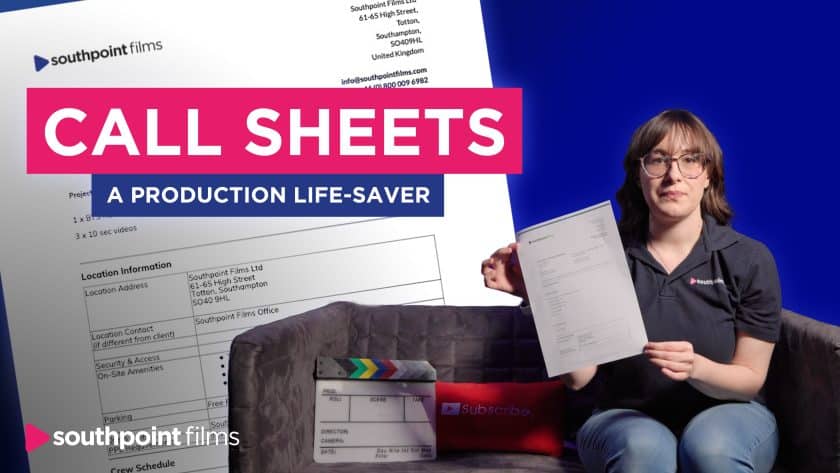 Alt Text Assistant Custom Gem A person wearing glasses and a black polo shirt sits on a sofa holding up a film production call sheet next to a clapperboard. Large text overlays read "CALL SHEETS: A PRODUCTION LIFE-SAVER" against a background featuring a close-up of a Southpoint Films document.