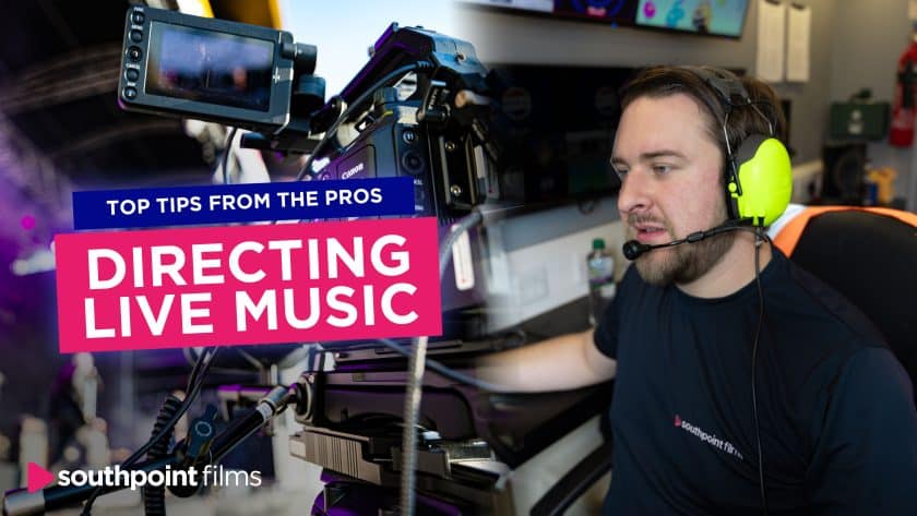 A split-screen composition featuring a professional Canon cinema camera on a tripod at a live event and a person wearing a headset with bright yellow ear protection while working at a production desk. The "southpoint films" logo is located in the bottom left corner.